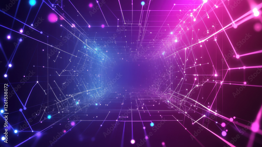 Poster abstract background with polygonal network lines and dots on a gradient color background of purple
