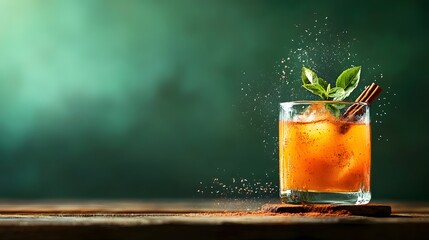 Glass of orange cocktail with cinnamon and mint garnished iced spiced apple cider drink on a wooden table