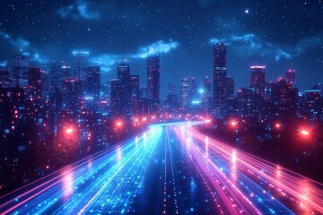 Abstract Blue Background with Light Speed Lines and Cityscape for Technology Vector Illustration. Digital Internet Concept Featuring Futuristic Urban Scenery.