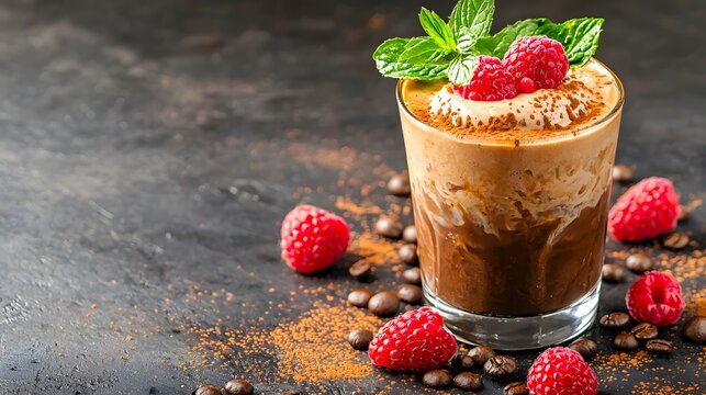 Glass of chocolate mousse topped with raspberries and chocolate alongside raspberry mocha frappuccino