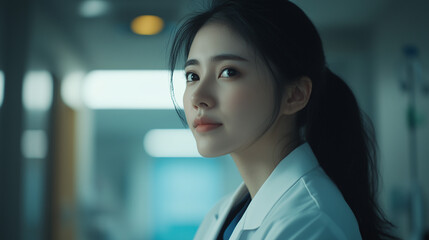 Naklejka premium Compassionate Female Healthcare Professional in White Coat with Head - Shoulders Portrait under Soft Side Light in Blurred Hospital Environment