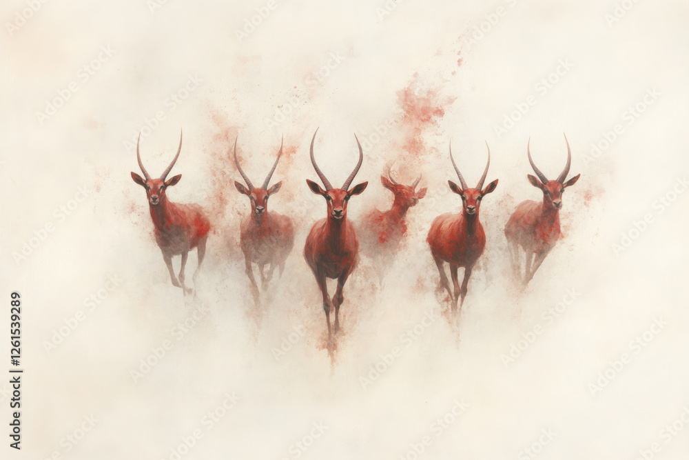 Poster a group of five deer are running in a line