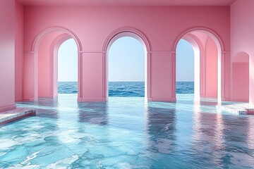 Minimalist Digital Illustration of Empty Room with Arched Windows, Marble Floor, and Pastel Pink Walls, Featuring Soft Colors and a Calm Atmosphere with a Flowing Blue River Adding Depth