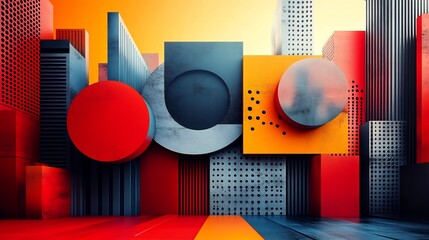 Colorful abstract composition with geometric shapes in red orange and blue tones modern art style
