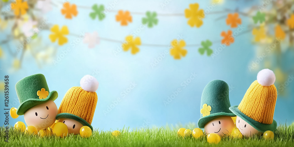 Aufkleber bright and festive characters don green and yellow hats while smiling against a backdrop of soft col