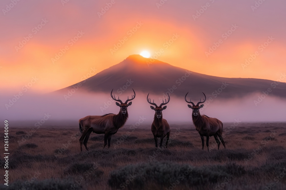 Poster three deer standing in a field with a mountain in the background
