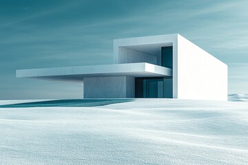 White Building with Sharp Edges on Snow, Surrounded by Endless Blue Sky in a Minimalist 3D Rendering, High-Resolution Super-Realistic Photography Ideal for Commercial Advertising.