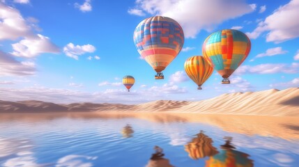 Fototapeta premium Colorful hot air balloons drifting over a tranquil lake and sandy dunes.
