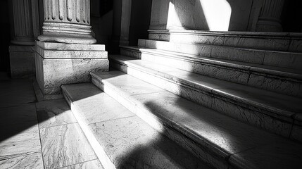 Sunlight casting dramatic shadows on marble steps of a historic building, evoking timeless elegance