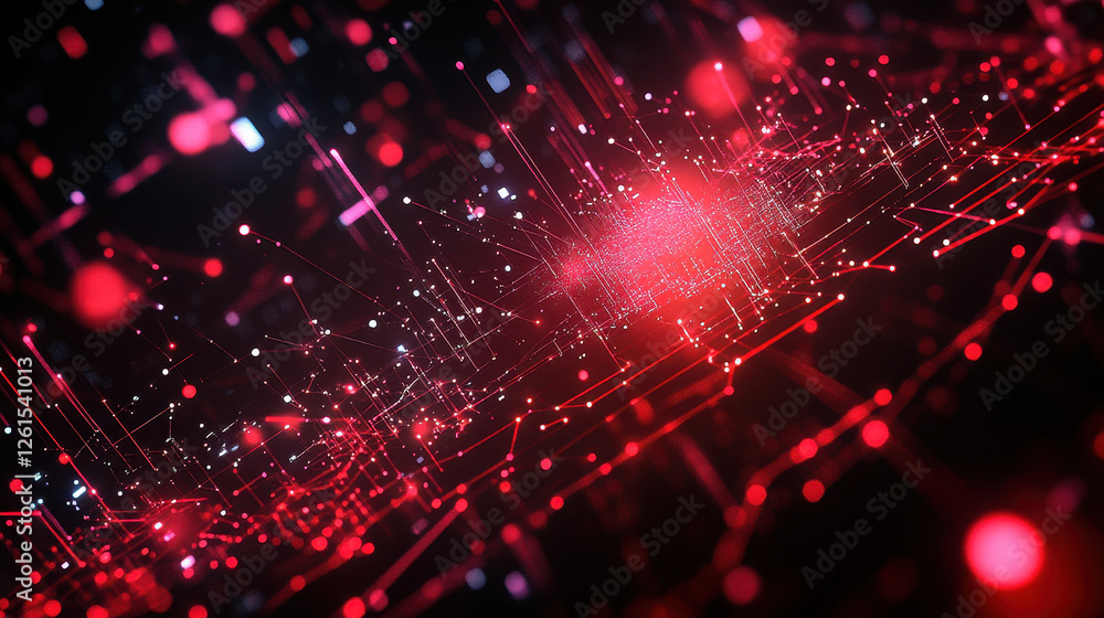 Aufkleber abstract red digital technology background with glowing particles and network connections