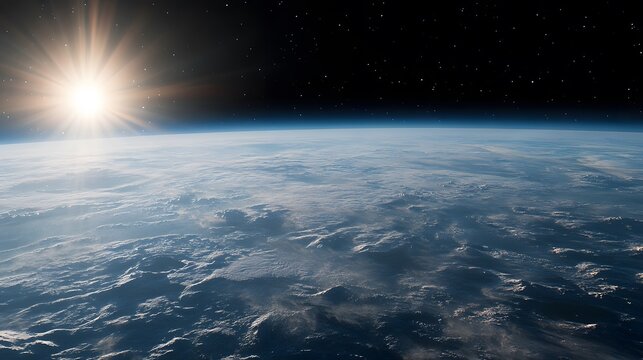 Stunning view of Earth from space.  The sun rises over a cloud-covered planet, creating a breathtaking, radiant scene. The vastness of space is visible above. - Powered by Adobe
