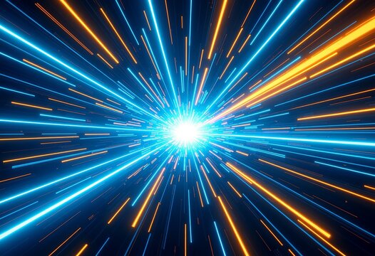 Dynamic Abstract Radial Explosion: Geometric Speed Lines with Blue and Yellow Neon, Zooming Light Effect, Visual Tech Datum for Music Flow, Energy Boom, Perfect for Visual Tech.

