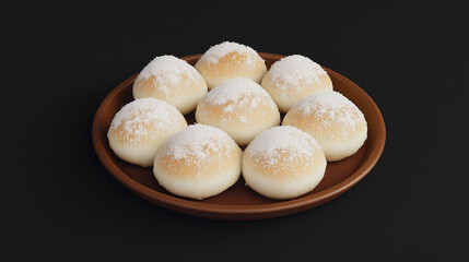 Freshly baked soft buns with powdered sugar served on a wooden plate