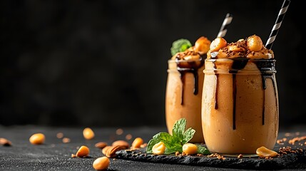 Two glasses of iced macadamia butter bourbon frappe with a spoon on a wooden table