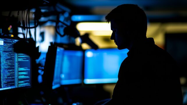 Silhouette of a male programmer working late with glowing computer screens.