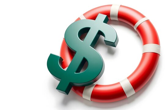 A financial concept image with a green dollar symbol wrapped by a red lifebuoy, suggesting economic bailout or financial rescue efforts in a crisis