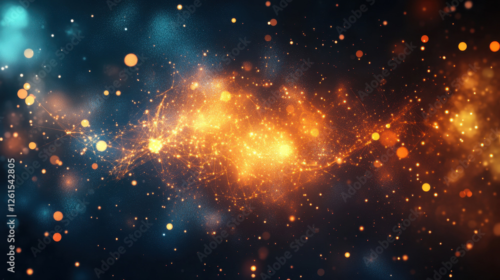 Poster abstract digital background with glowing particles and dots in orange