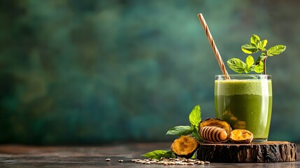 Glass of green smoothie with straw alongside iced honey oat milk matcha latte on wooden table