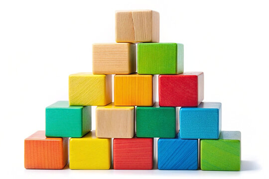 Colorful wooden blocks pyramid, studio shot, white background, child's play, education