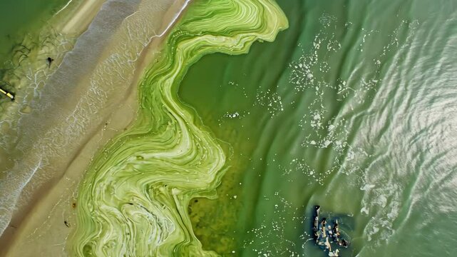 Vibrant patterns of green algae flow along the sandy beach at low tide in a coastal area under bright sunlight