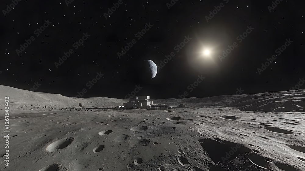 Poster a lunar base sits on the desolate moon's surface under a starry night sky. a crescent earth and brig