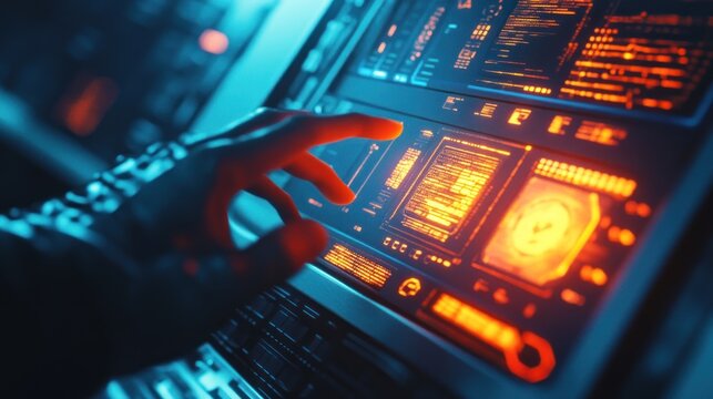 Futuristic Interface: A Cyberpunk Hand Interacting with a High-Tech Control Panel