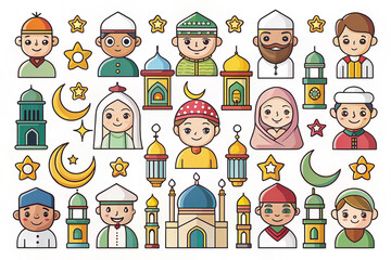Diverse Muslim children, mosque, lanterns, stars; Eid celebration; illustration