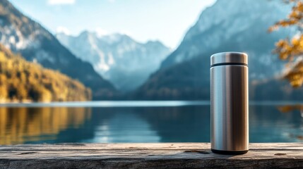 Serene Mountain Lake with Stainless Steel Thermos