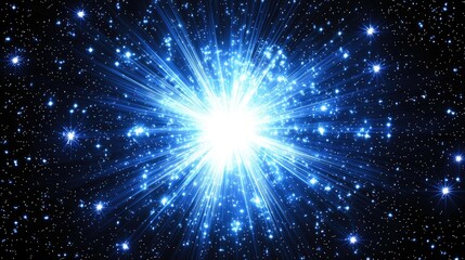 Fototapeta premium Bright blue cosmic explosion with radiant light and scattered stars in a dark space background