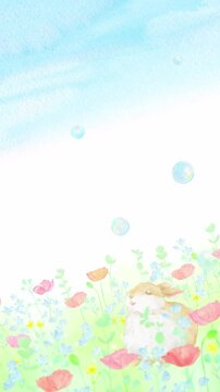 春の花畑でシャボン玉を眺める子ウサギの縦型ループアニメーション。水彩画を使用したカラフルで可愛い映像。