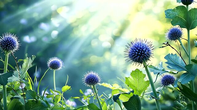 A tranquil scene featuring vibrant Globe thistle blossoms in full bloom.