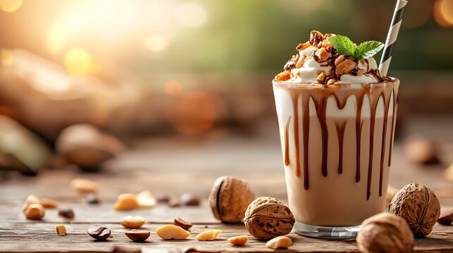 Glass of milk with nuts and chocolate alongside iced hazelnut macadamia white mocha frappuccino