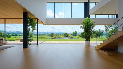 Fototapeta premium Modern Home Interior with Expansive Views of Green Landscape