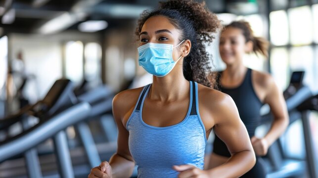 Fitness during Pandemic: Woman Running on Treadmill Wearing Mask - Powered by Adobe
