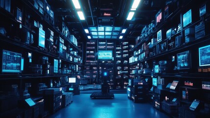 AI-driven warehouse with robotic arms, advanced e-commerce logistics system. 