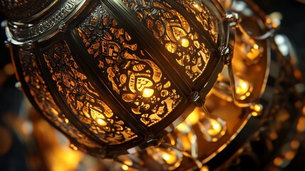 A golden lantern with intricate designs and glowing candles, symbolizing the spirit of Ramadan