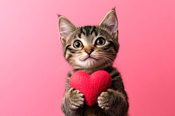 Obraz premium Cute savannah kitty cub with pet animal toy red heart - sign of love, funny greeting card. Ad campaign conceptual art. Savannah - my preferred cat. Cute valentine's animal gift.