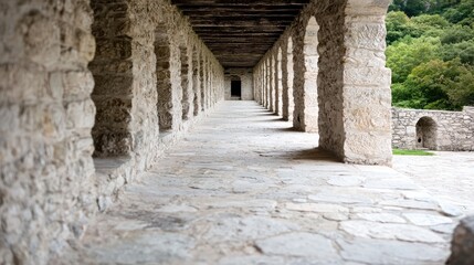 Obraz premium Kamienny korytarz kolumnadowy w historycznych ruinach z odległym lasem
