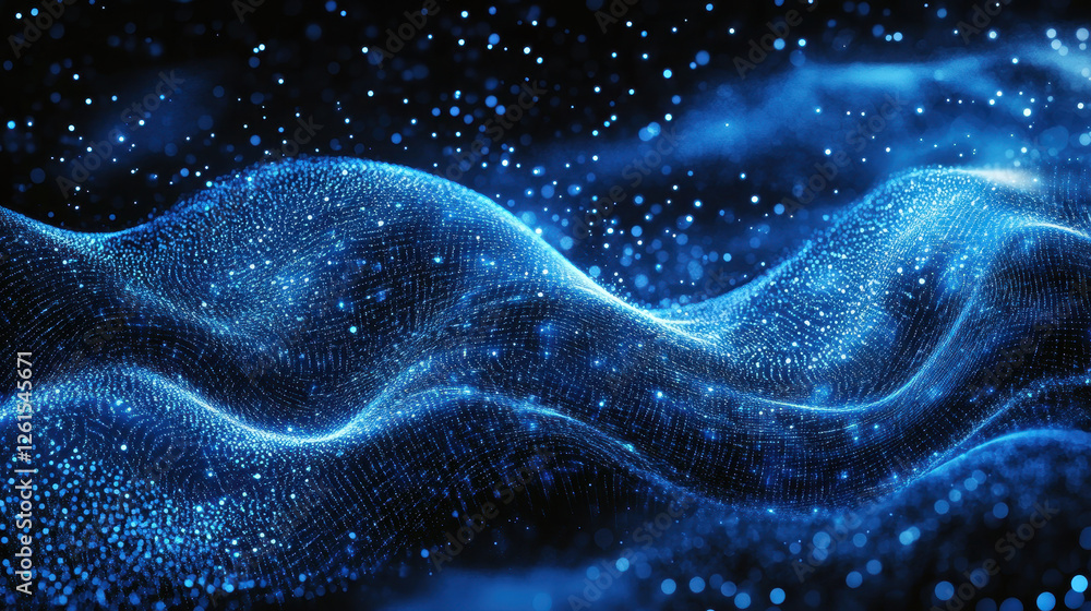 Aufkleber abstract blue glowing particles wave on a dark background with a bokeh effect