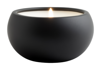 Black ceramic candle holder with lit candle, minimalist design. Home decor and relaxation concept