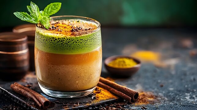 Glass filled with iced golden chai turmeric matcha latte topped with mint leaves and a straw
