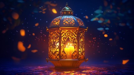A golden lantern with intricate designs and glowing candles, symbolizing the spirit of Ramadan