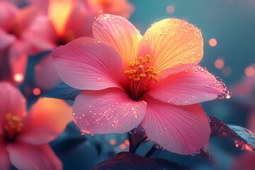 Vibrant pink hibiscus flower with dew drops, set against a soft-focus background of blossoms