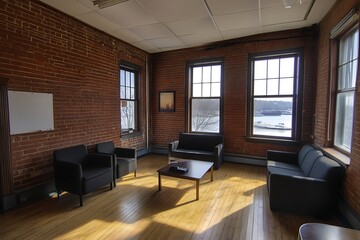 modern office with dark furniture and brick walls