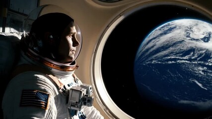 An astronaut seated in a spacecraft, quietly observing the Earth from a porthole. - Powered by Adobe