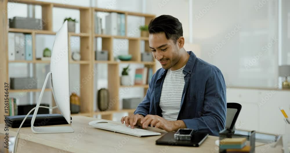 Aufkleber Typing, businessman at desk with computer and research for online article, review or networking. Writing email, website search and happy man in office working on tech business development report.