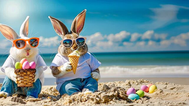 Easter bunnies enjoying ice cream on sunny beach with colorful eggs in sand. Easter holidays vacation