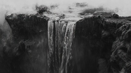 Majestic waterfall cascading down rocky cliff, mist hangs in air, travel background