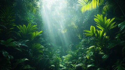 Obraz premium A lush jungle filled with vibrant plants, exotic animals peeking through the foliage, and golden sunlight filtering through dense trees