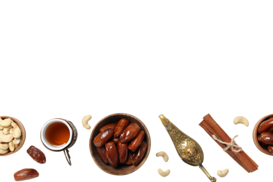 PNG, Ramadan. Golden lamp with dates, cinnamon and cashews, isolated on white background.